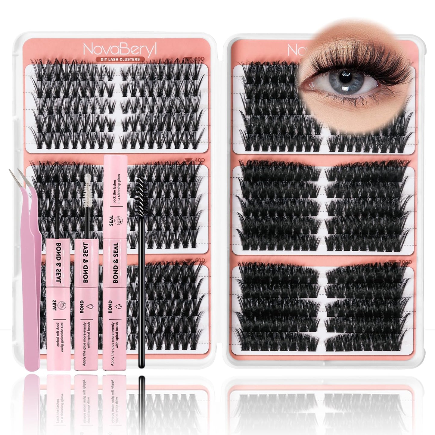 NovaBeryl Lash Clusters Kit–708PCS DIY Eyelash Extension Kit with Bond & Seal, C Curl 30D–100D 0.07mm Soft Individual Cluster Lashes for Natural, Fluffy & Volume Looks (TWEEZERS)