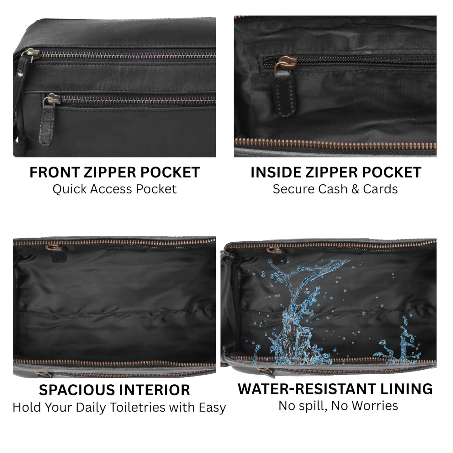 Full Grain Leather Toiletry Kit for Men & Women – Travel Toiletries & Shaving Bag Organizer, Water-Resistant Grooming Case for Bathroom, Makeup & Cosmetic Storage - Midnight Black