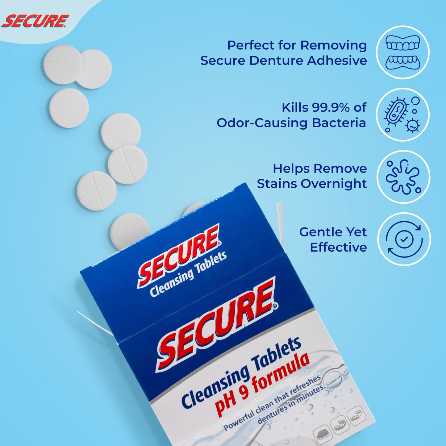 Secure Daily Cleansing Tablets - pH 9 Formula Thoroughly Cleans Dentures - Fights Odors, Stains & Germs - For Dentures, Nightguards, Retainers & Partials - 32 Tablets (3 Pack)