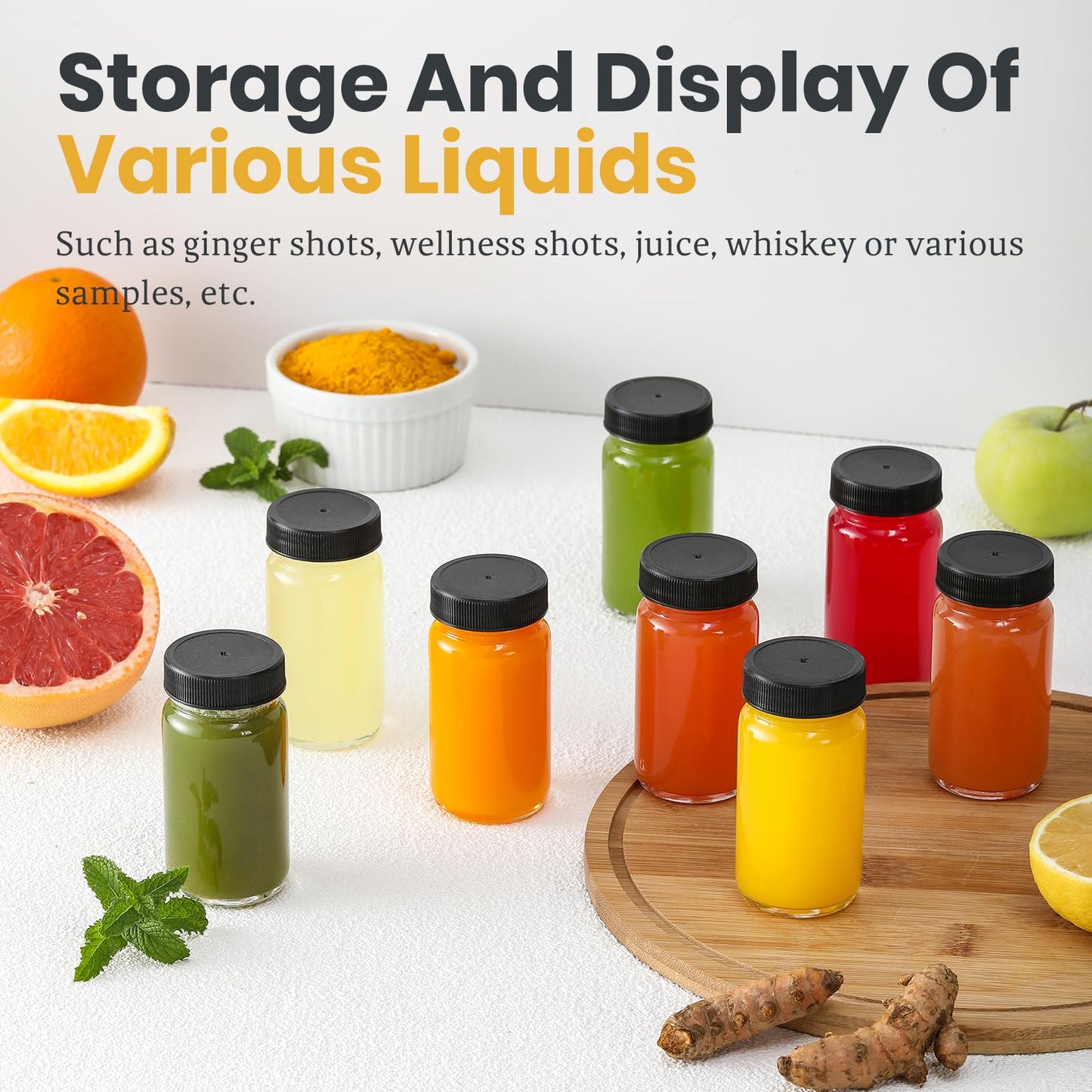 25 Pack 2 oz Glass Shot Bottles w/ Black Lids & 25 Labels - Small Clear Jar for Ginger, Wellness Shot, Juice, Sample, Whiskey - Travel Essentials Mini Bottles - Wide Mouth, Leakproof, Dishwasher Safe