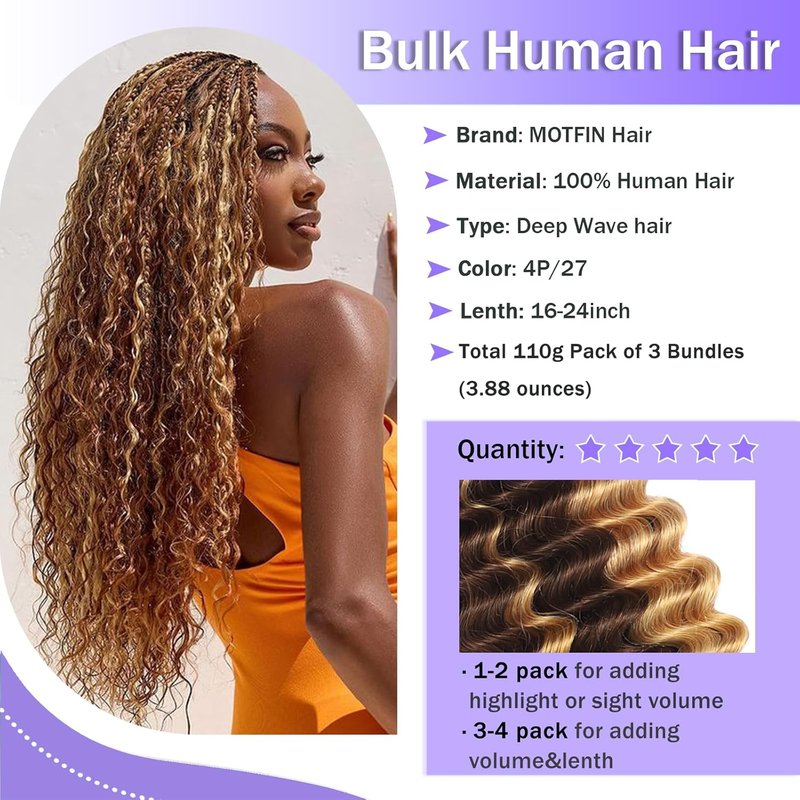 Human Braiding Hair - 14 Inch Deep Wave Bulk 3 Bundles for Boho Braids | Curly Knotless 12A Brazilian Virgin Ombre Balayage