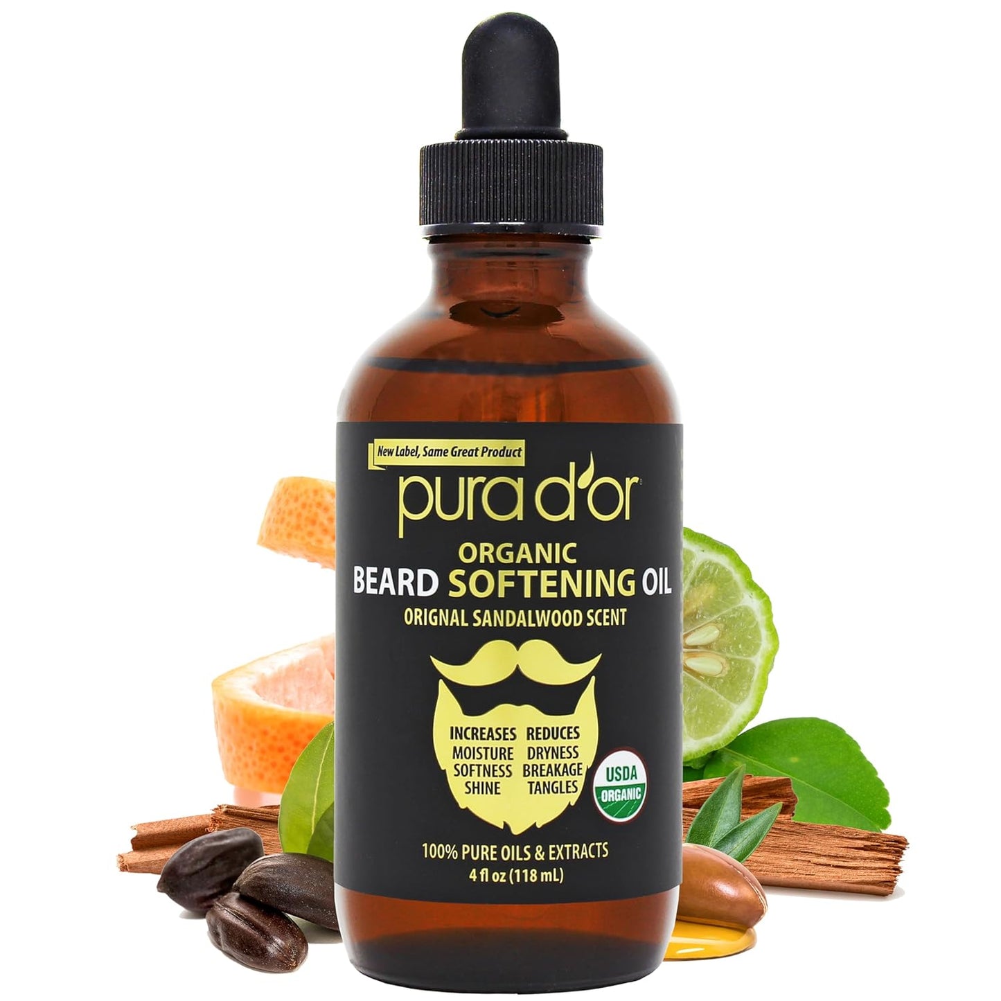 PURA D'OR Organic Beard Softening Oil - Sandalwood Scent | Argan & Jojoba Oil for Softness & Strength - 4 Oz