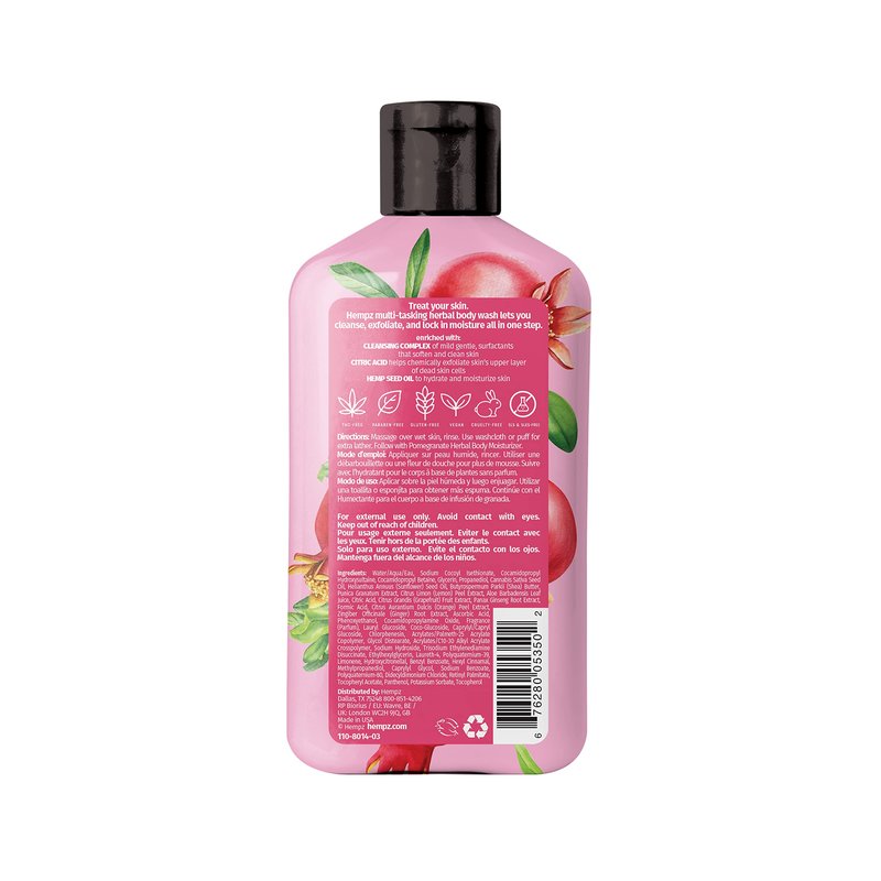 Hempz Body Wash - Pomegranate - Hydrating for Sensitive Skin, Scented, Exfoliating with Shea Butter, Pure Hemp Seed Oil, and Algae for Sensitive Skin - 17 fl oz