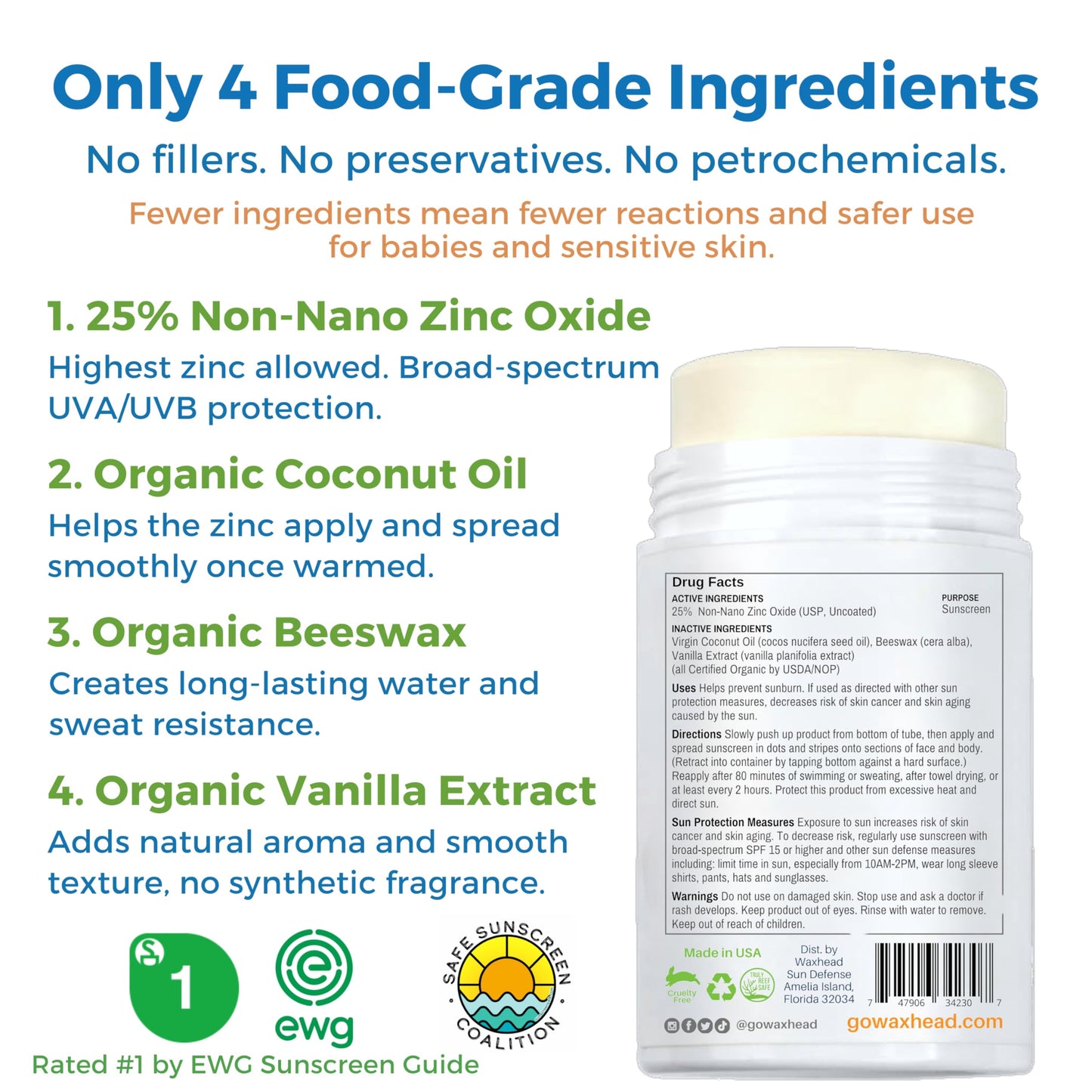 Waxhead Zinc Oxide Sunscreen Stick SPF 30, 4 Ingredients Mineral Sunscreen for Face & Body, EWG 1, Reef Safe Non-Nano, Baby & Kids Sensitive Skin, Water Resistant Sport Tattoo Sunblock, 3.7 oz