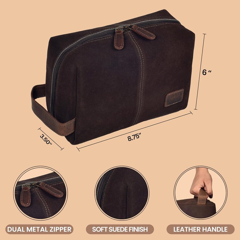Leather Travel Toiletry Bag - Large Capacity Dopp Kit for Men & Women | Brown Bathroom Organizer