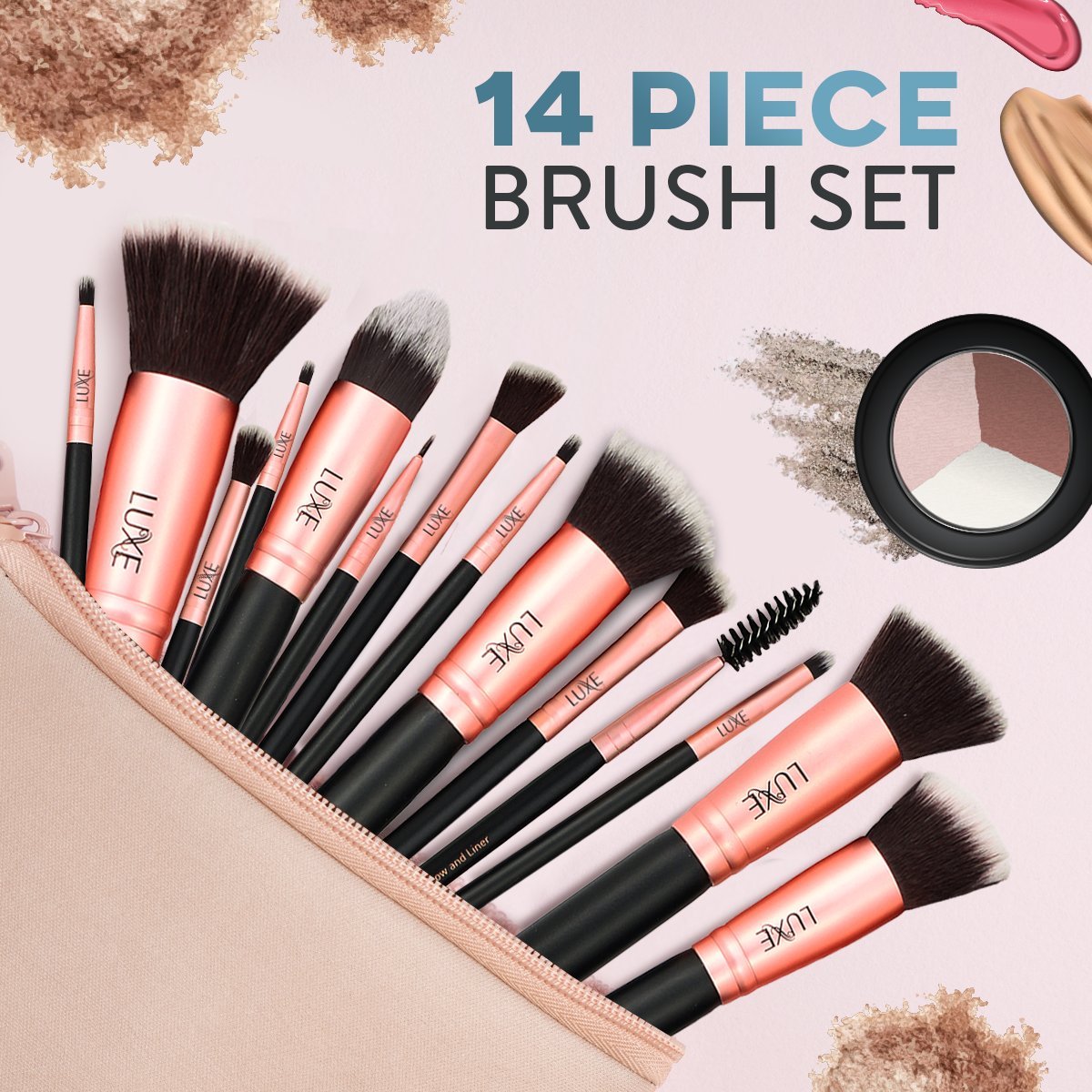 Luxe Premium Makeup Brushes Set - Synthetic Face & Eye Brushes for Foundation, Blush, Eyeshadow | 14-Piece Kit with Cleaning Solution