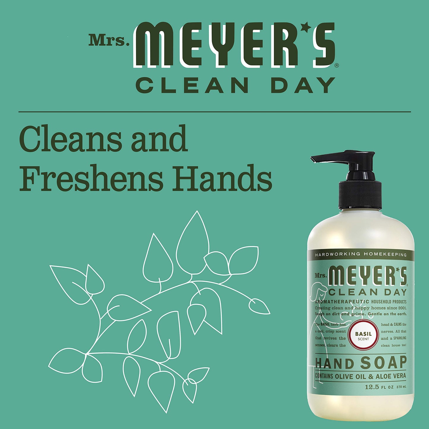 MRS. MEYER'S CLEAN DAY Liquid Hand Soap, Cruelty Free Hand Wash Made with Essential Oils, Basil Scent, 12.5 oz - Pack of 6