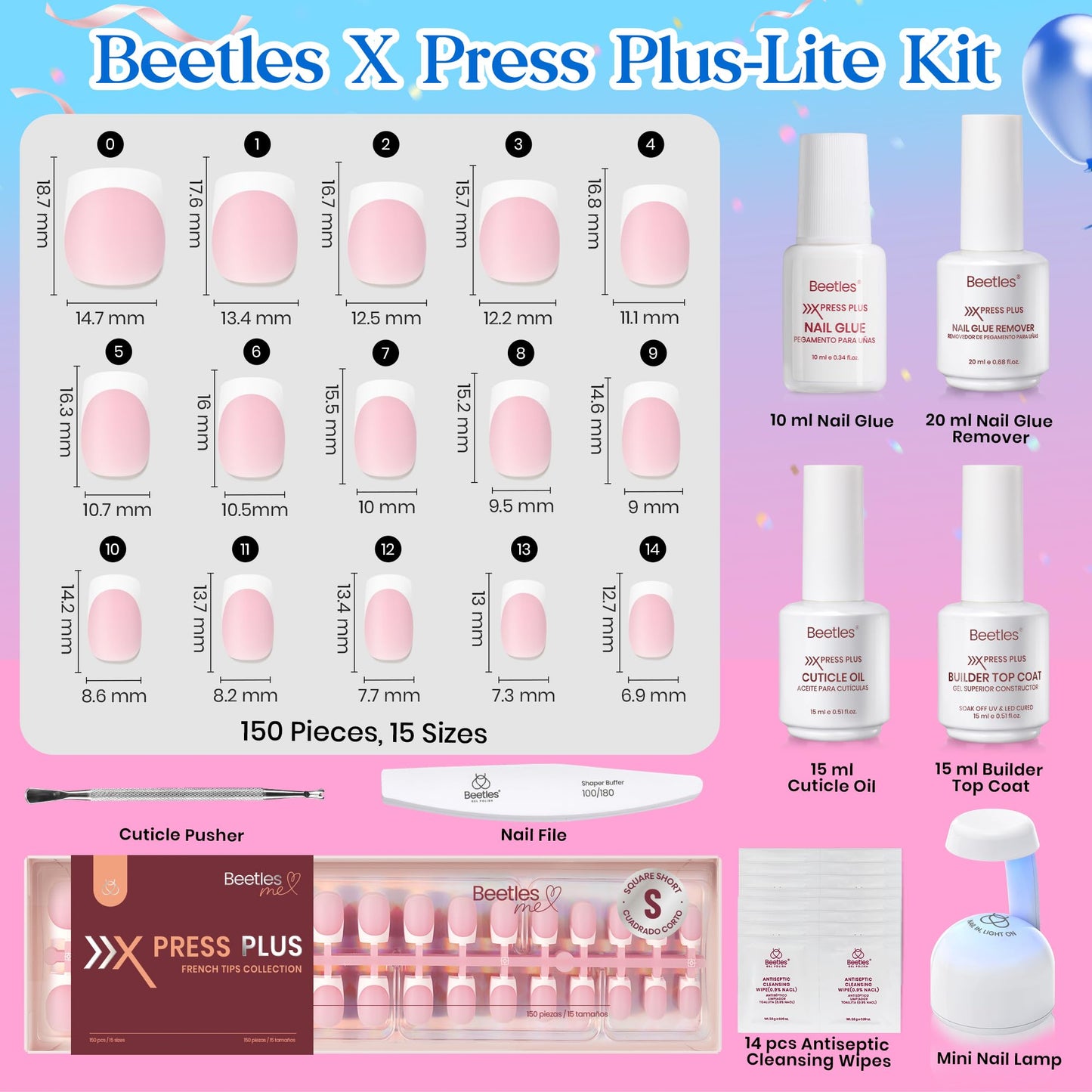 Beetles Press On Nail Kit-Short Square French Tip Press On Nails, 150Pcs Pink French Nail Tips with Nail Glue & Remover Builder Top Coat Nail Lamp, All-in-One DIY Fake Nails Gift for Women