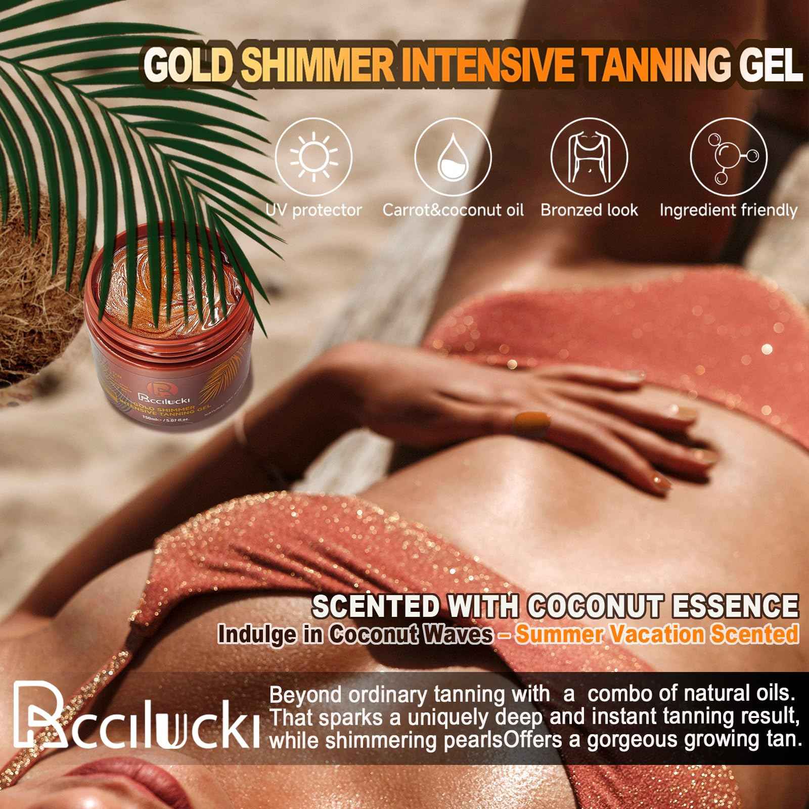 Golden Shimmer Tanning Accelerator Gel - Intensifies Natural Tan Under Sun/Beds | With Carrot Oil & 2% DHA | Water-Resistant | 5 Fl Oz