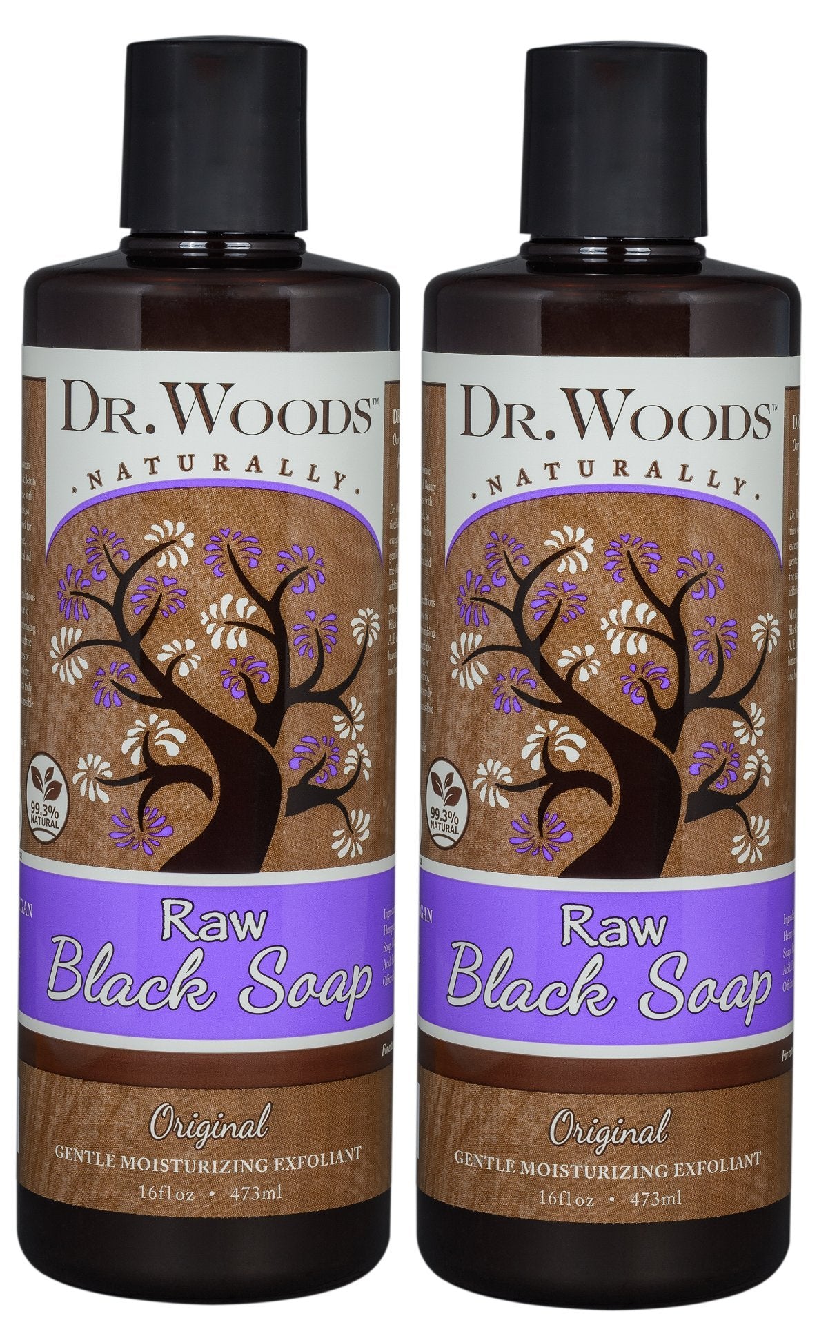 Dr. Woods Raw Liquid Black Soap with Organic Shea Butter, Body Wash for Men and Women, Gentle Exfoliant, Natural Cleanser for Face, Hands, and Body - 16 Fl Oz, Pack of 2
