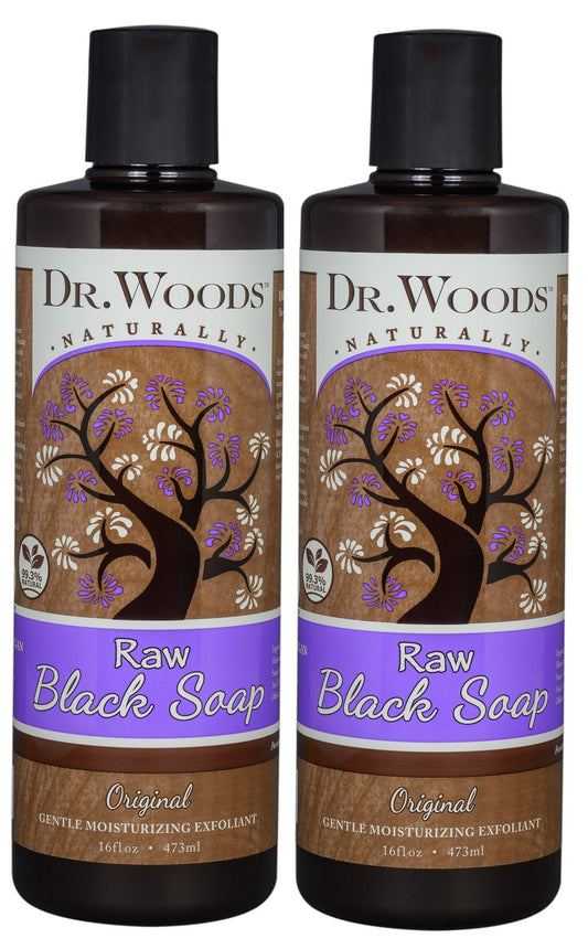 Dr. Woods Raw Liquid Black Soap with Organic Shea Butter, Body Wash for Men and Women, Gentle Exfoliant, Natural Cleanser for Face, Hands, and Body - 16 Fl Oz, Pack of 2