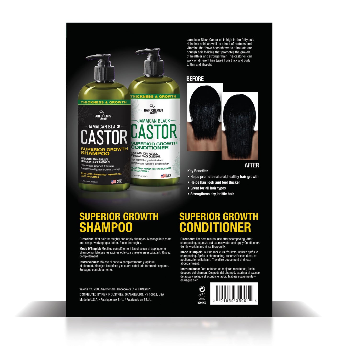 Hair Chemist 2-PC Shampoo & Conditioner Gift Box - Jamaican Black Castor Oil for Hair Growth & Thickness - Sulfate Free, Paraben Free & Phthalate Free - 33.8 oz Each - Made in USA