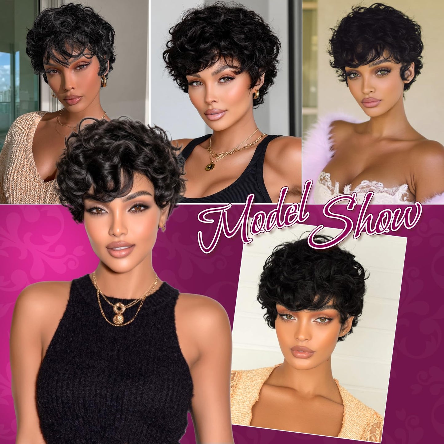 RUWISS Pixie Cut Wig Human Hair Curly Short Wigs for Black Women Glueless Pixie Human Hair Wig with Bangs for Daily Use Natural Short Bob Layered Wavy Human Hair Wigs for Black Women, Natural Black