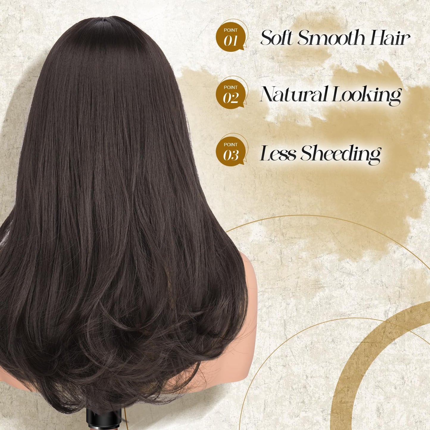 FESHFEN Long Wigs with Bangs, Synthetic Natural Looking Layered Straight Hair Wig for Women Daily Party Use 18 inch, Brown