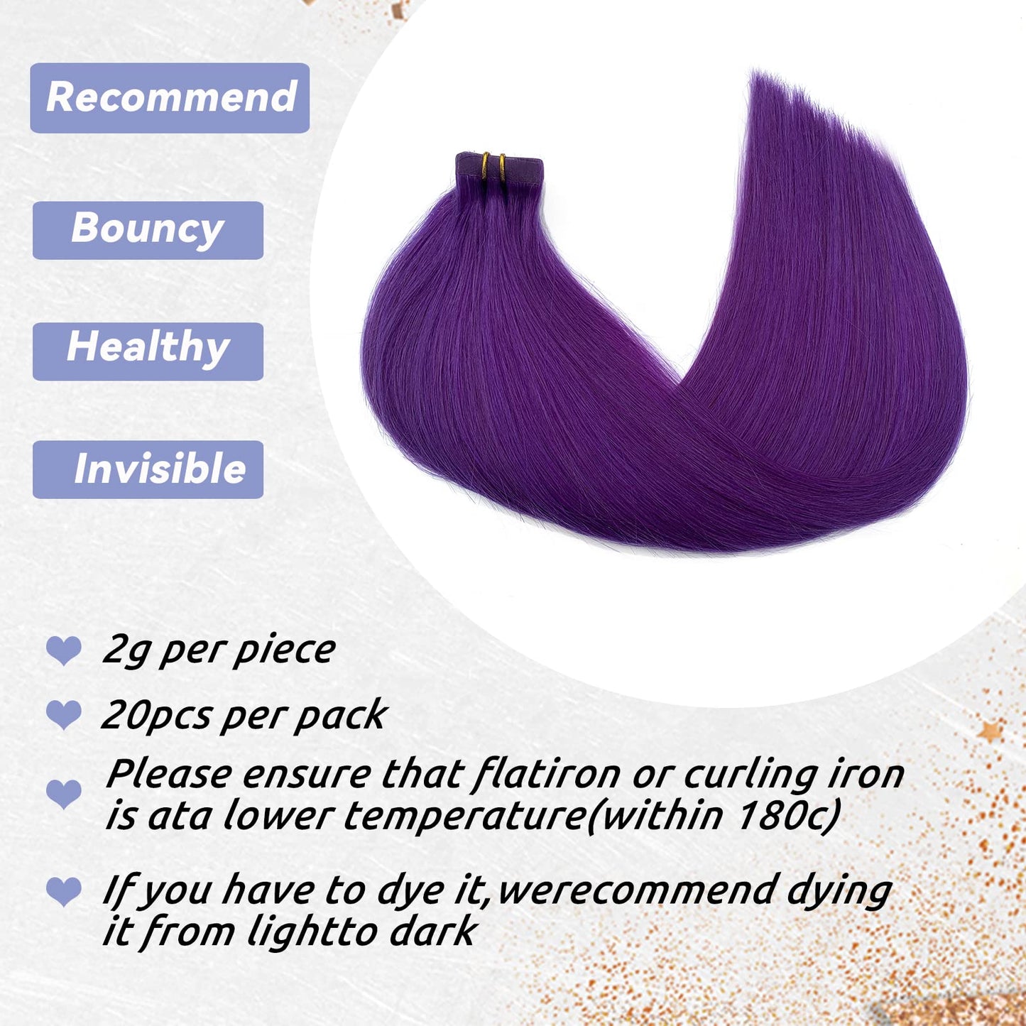Purple Hair Extensions Tape in Human Hair Extensions 18Inch Soft Silky Straight Purple Remy Hair Extensions 40grams 20pcs Seamless Colored Extensions Tape ins