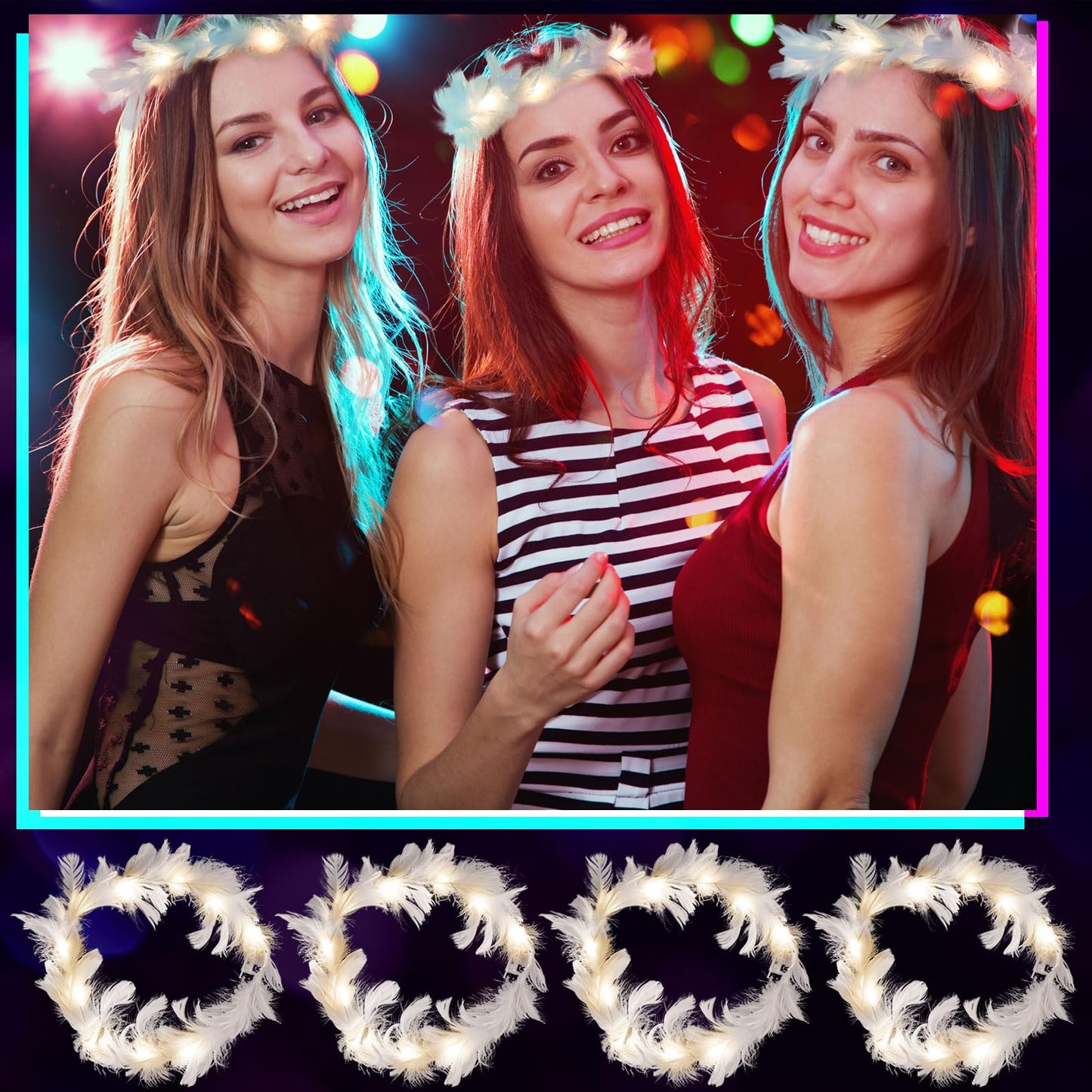 Taiyin 50 Pieces LED Feather Crown Headbands - Luminous Flashing Hair Accessories, Adjustable Light up Wreath for Women (Warm White)