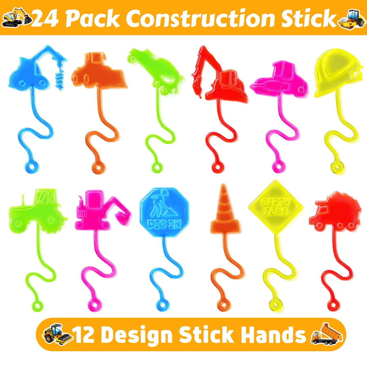 48PCS Construction Party Favors - 24PCS Temporary Tattoos & 24PCS Stick Hands Party - Perfect Birthday Party Supplies, Goodie Bag Stuffers, Treasure Box Toys, Classroom Prizes, and Student Gifts
