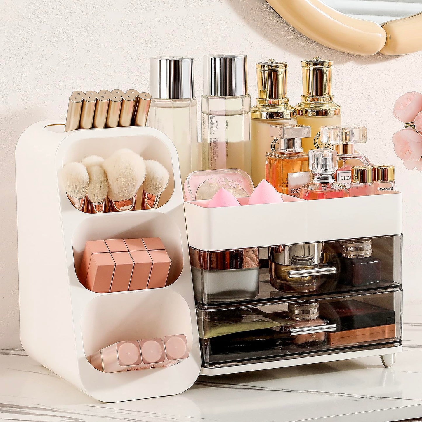 Aveniee Makeup Organizer with Drawers for Vanity, Big Cosmetic Display Case with Makeup Brush Holder, Bathroom Coutertop Organizers and Storage for Skincare Beauty Essentials (White)