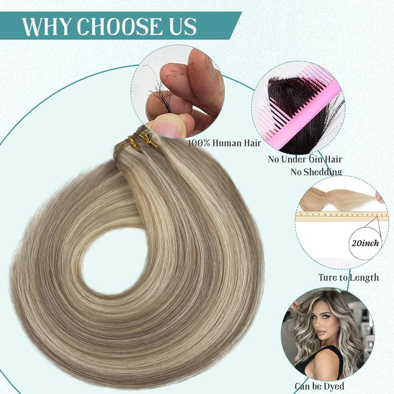 Sew in Hair Extensions Real Human Hair, Ombre Brown to Platinum Blonde Highlighted Weft Hair Extensions Human Hair 80G Double Weft Hand Tied Human Hair Extensions Sew in Bundles 16 Inch