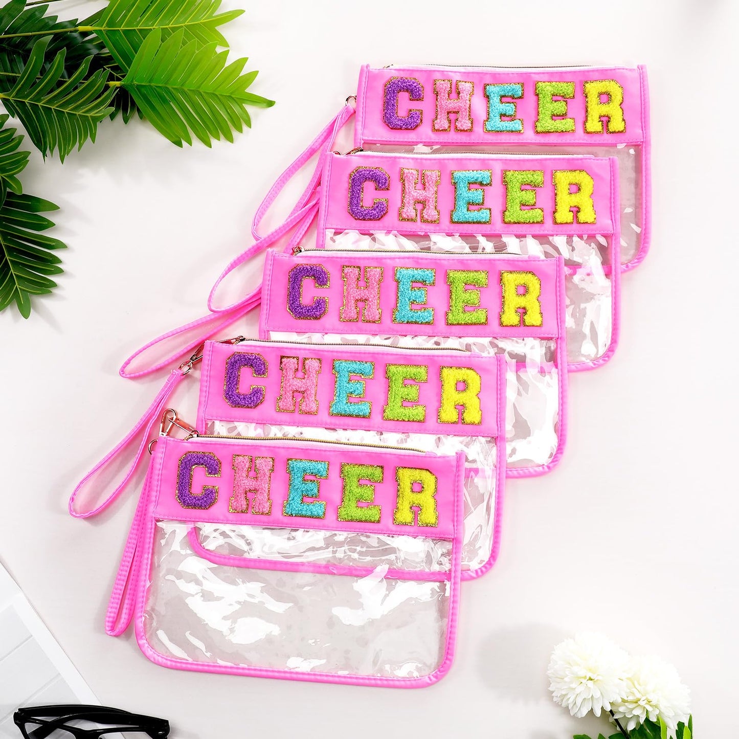 Abbylike 12 Pcs Cheer Bags Cheerleaders Gifts Chenille Letter Makeup Bag Clear Snack Bag with Zipper Waterproof Travel Cosmetic Pouch Bulk for Team Cheerleading Women Mom(Pink)