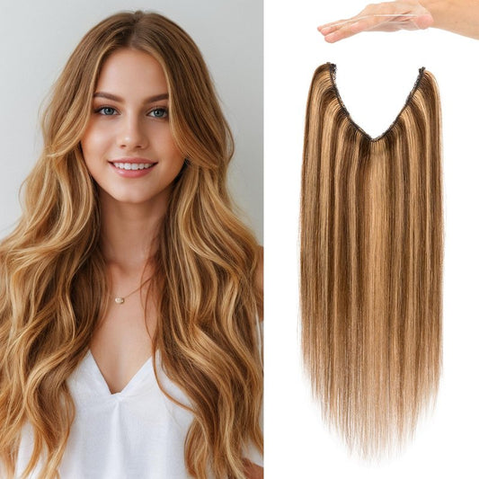 Charites Halo Hair Extensions Real Human Hair Invisible Wire Extensions with Transparent Fish Line Adjustable Size Medium Brown & Dark Blonde 12 inch
