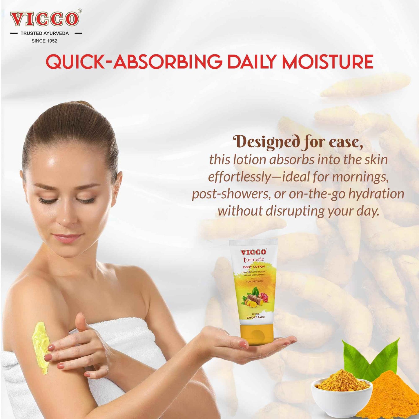 Vicco Turmeric Body Lotion with Herbal Ingredients, Moisturizing Body Lotion, Hydrates & Nourishes Skin, For Daily Skincare Routine, 6.76 Fl Oz (Pack of 2)