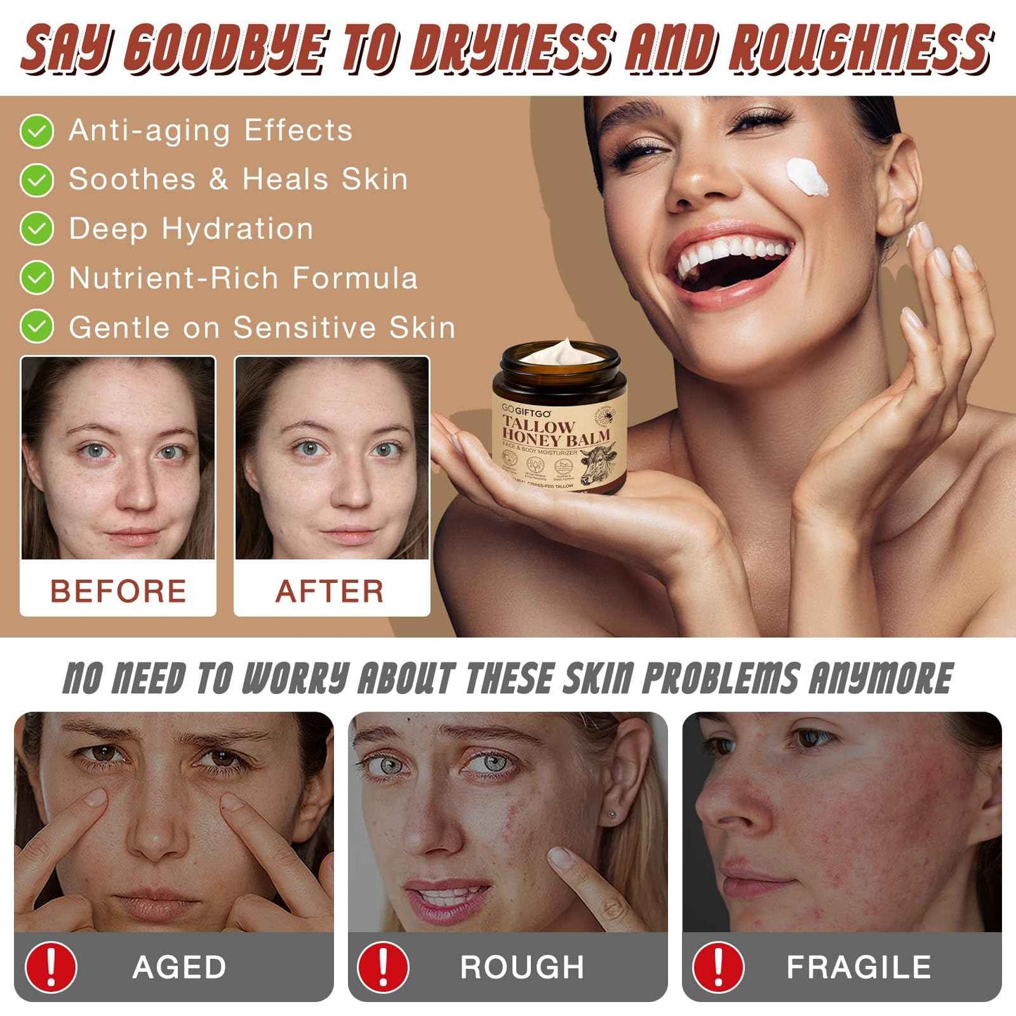 GOGIFTGO Beef Tallow for Skin,Tallow and Honey Balm,Beef Tallow for Face,Tallow Face Moisturizer,Natural Moisturizer Hydrates,Deeply Nourishes the Skin, Enhances Natural Radiance (1pcs)