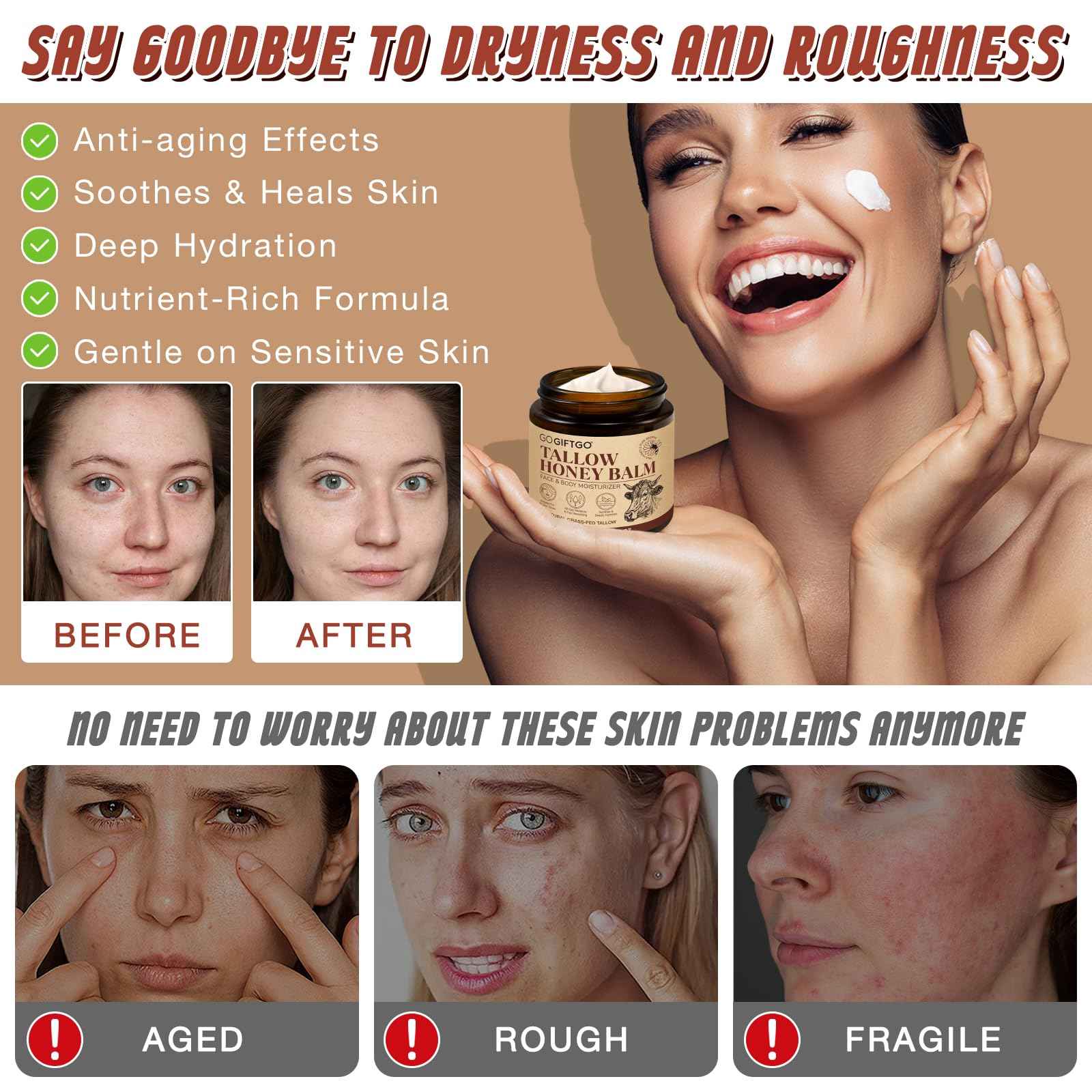 GOGIFTGO Beef Tallow for Skin,Tallow and Honey Balm,Beef Tallow for Face,Tallow Face Moisturizer,Natural Moisturizer Hydrates,Deeply Nourishes the Skin, Enhances Natural Radiance (1pcs)