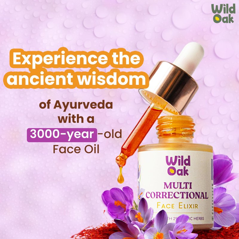 WILD OAK Organic Multi Correctional Face Elixir | Kumkumadi | Made using 3000 Years Old Formulation and 8 days process | High Potent 75g Saffron/1ltr & 30 Exotic Herbs | 0.67 fl oz