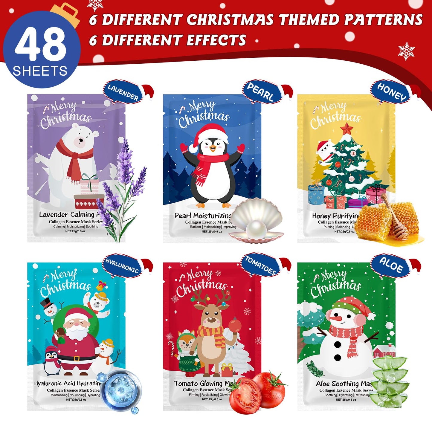 KONEUK 48 Pack Christmas Facial Masks for Stocking Stuffers, Bulk Moisturizing Facial Masks Set for Women Skin Care, Sheet Face Masks Skincare, Cute Christmas Gifts for Women