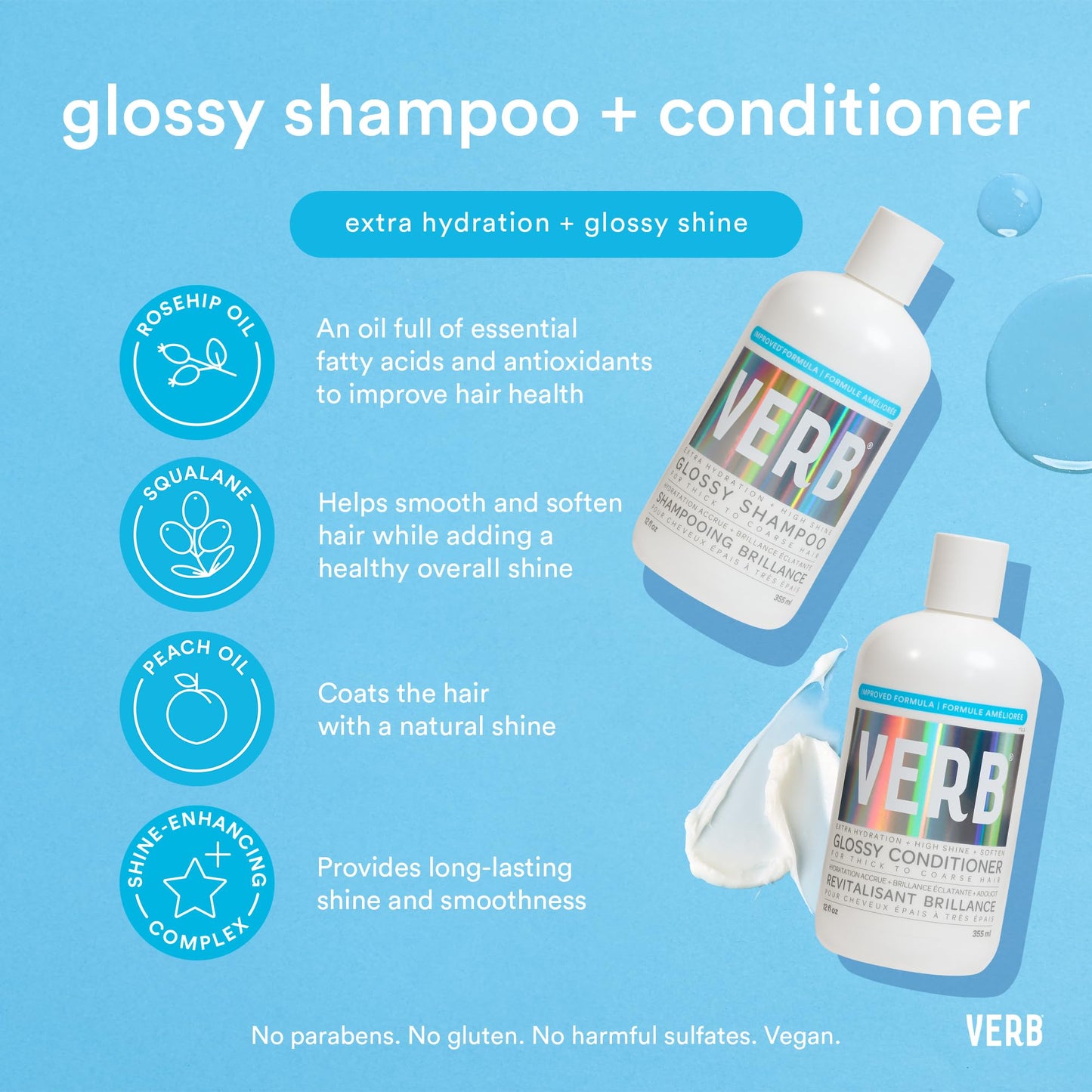 VERB Glossy Shampoo, 12 fl oz – Cleanses + Adds High Shine for Thick to Coarse Hair – Vegan, No Parabens or Harmful Sulfates