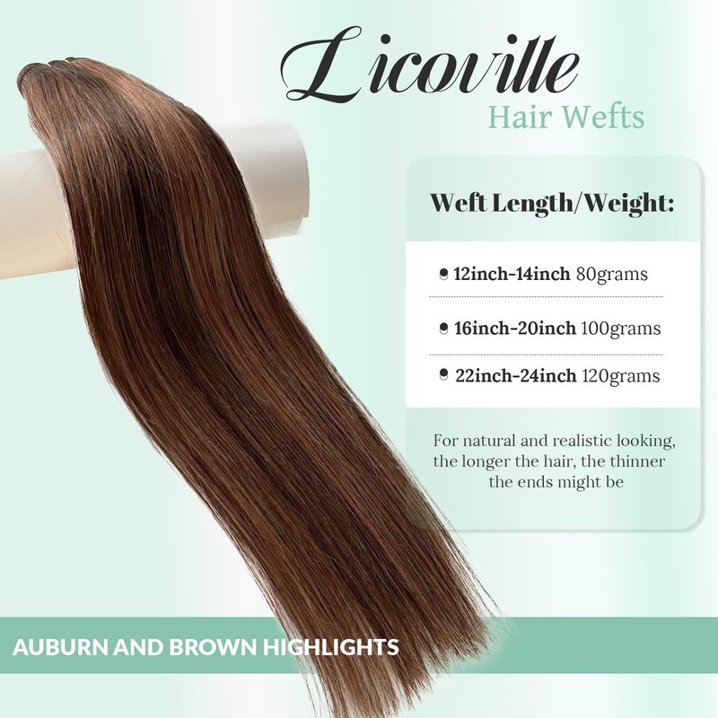 Weft Hair Extensions Medium Brown with Auburn Human Hair Sew in Extensions 14 Inch 80G Thick Ends Double Weft Brown Balayage Hair Extensions Real Human Hair Sew in Hand Tied Real Hair Wefts