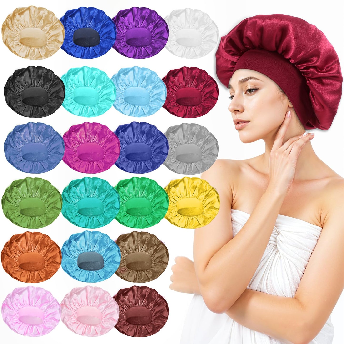 COMNICO 22 Pcs Silk Hair Bonnet for Sleeping, Elastic Wide Band Satin Bonnets Reusable Soft Sleep Cap Color Large Bathing Shower Cap for Women Curly Hair