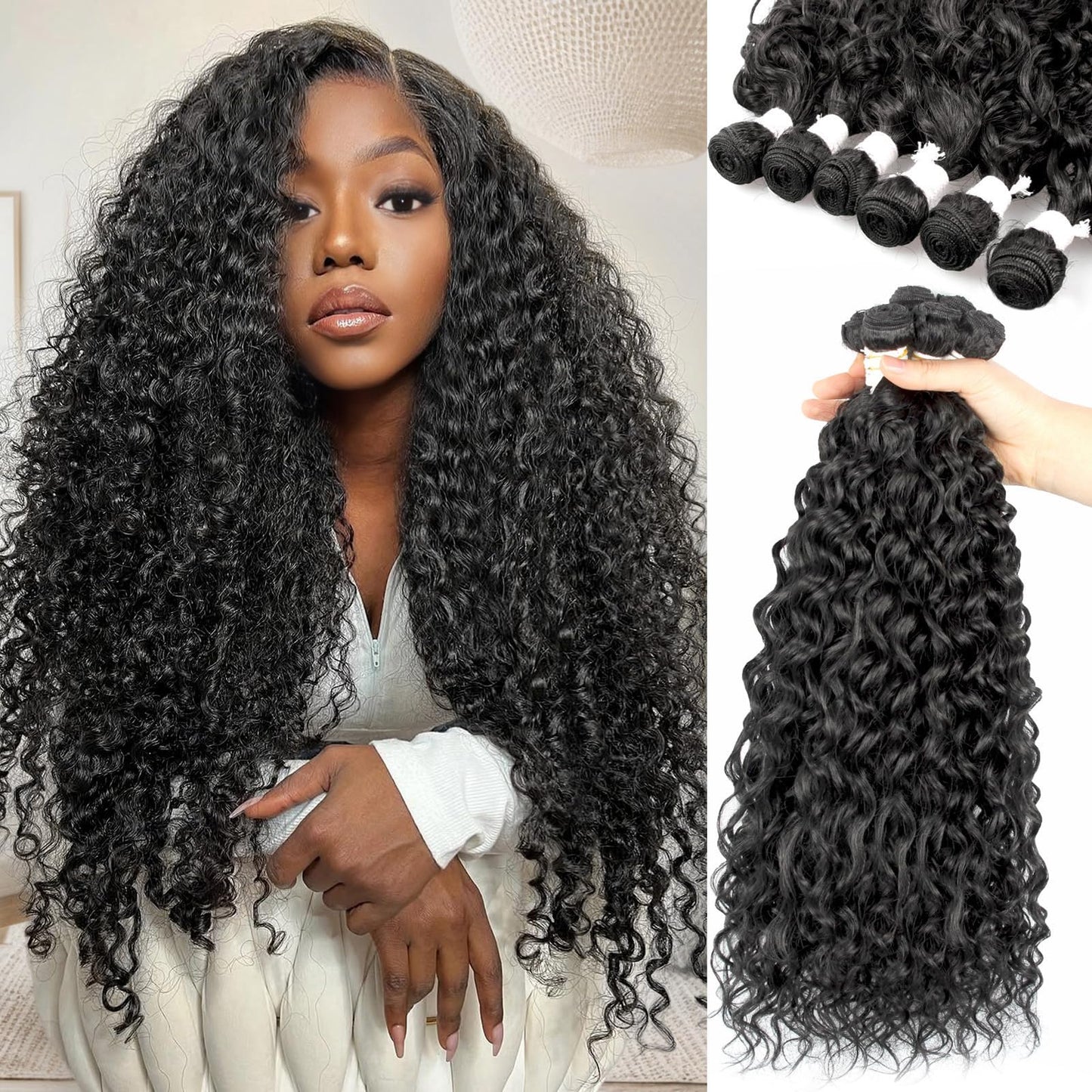 UENOKIPS Water Wave Hair Bundles 100% Pure Protein Silk Curly Bundles 16 18 20 Inch 6 Bundles 290g Synthetic Soft Natural Look Human Hair Feel Wet and Wavy Hair Extensions Natural Black