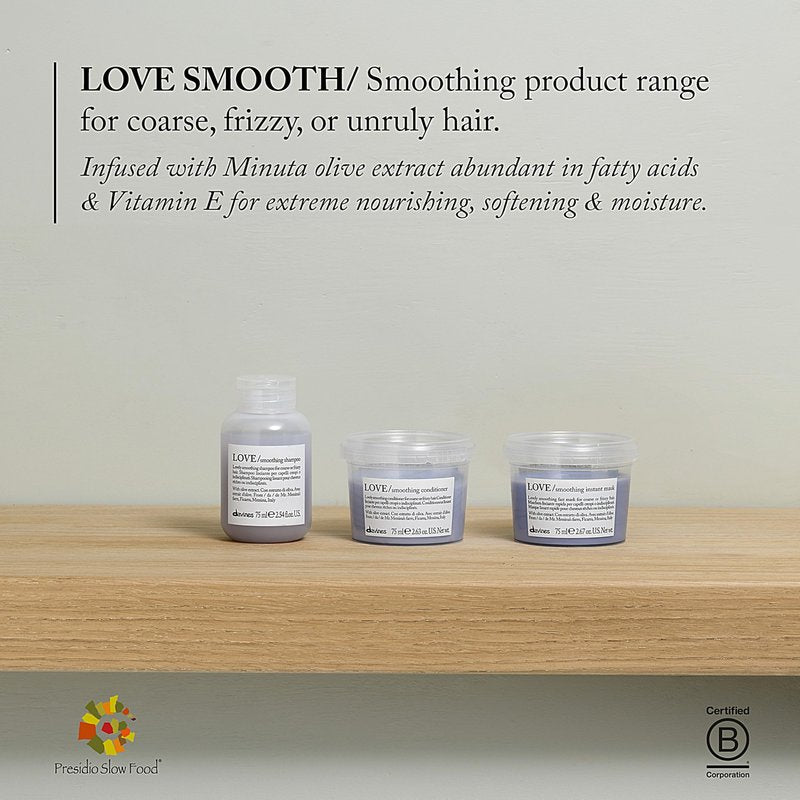 Davines LOVE Smoothing Conditioner, Taming Anti-Frizz Hydrating Action for Wavy, Unruly, Coarse Hair - Gives Controlled, Combable, Shiny, Sleek & Smooth Look, Travel Size, 2.54 Fl Oz
