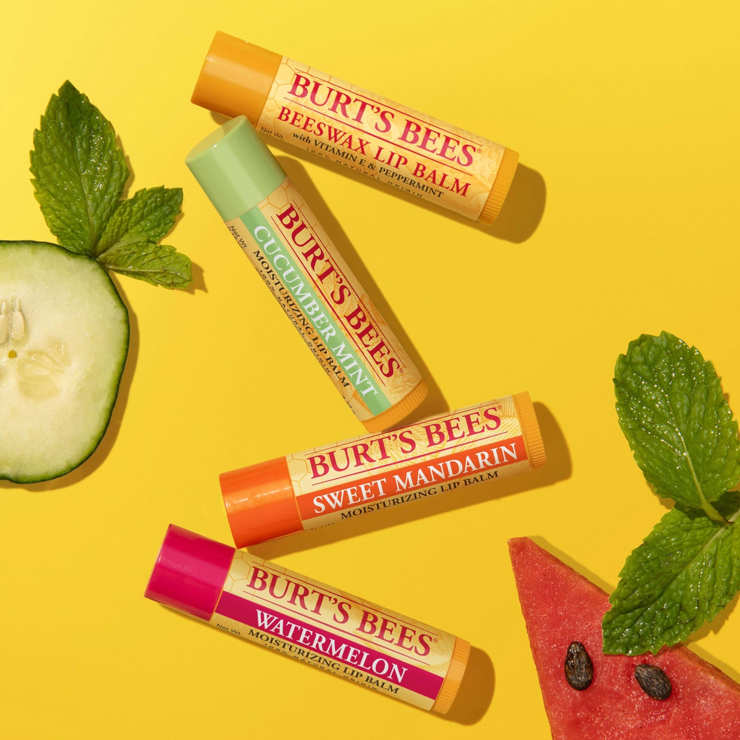 Burt's Bees Lip Balm, Original Beeswax, Cucumber Mint, Watermelon & Sweet Mandarin, With Responsibly Sourced Beeswax, Tint-Free, Natural Origin Treatment, 0.15 oz., Four Tubes