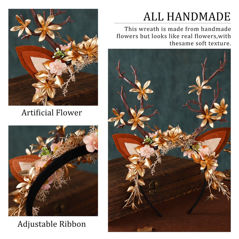 MOSTORY Handmade Antler Branch Headband Gold - Adjustable Reindeer Tree Crown with Flowers Floral Woodland Headpiece for Renaissance Christmas Cosplay Prom Costume Photo Props