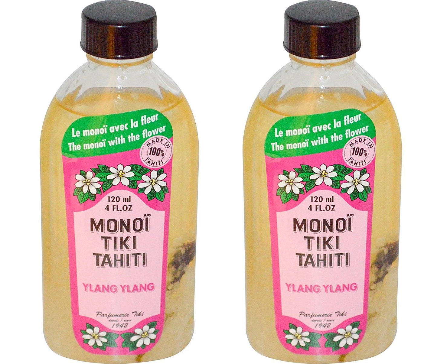Monoi Tiki Tahiti Ylang Ylang Coconut Oil - Natural Scented Oil with Tiare Flowers | 4 fl. oz. (Pack of 2)