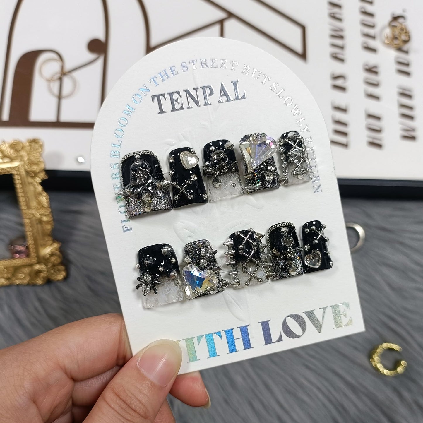 TENPAL 10Pcs Handmade Duckbill Press on Nails,Full Diamond French Tips & 3D Floral Short Nails with Charms,Cherry Blossom Butterfly Design,Sweet Sassy Reusable Duck Nails Set(M)