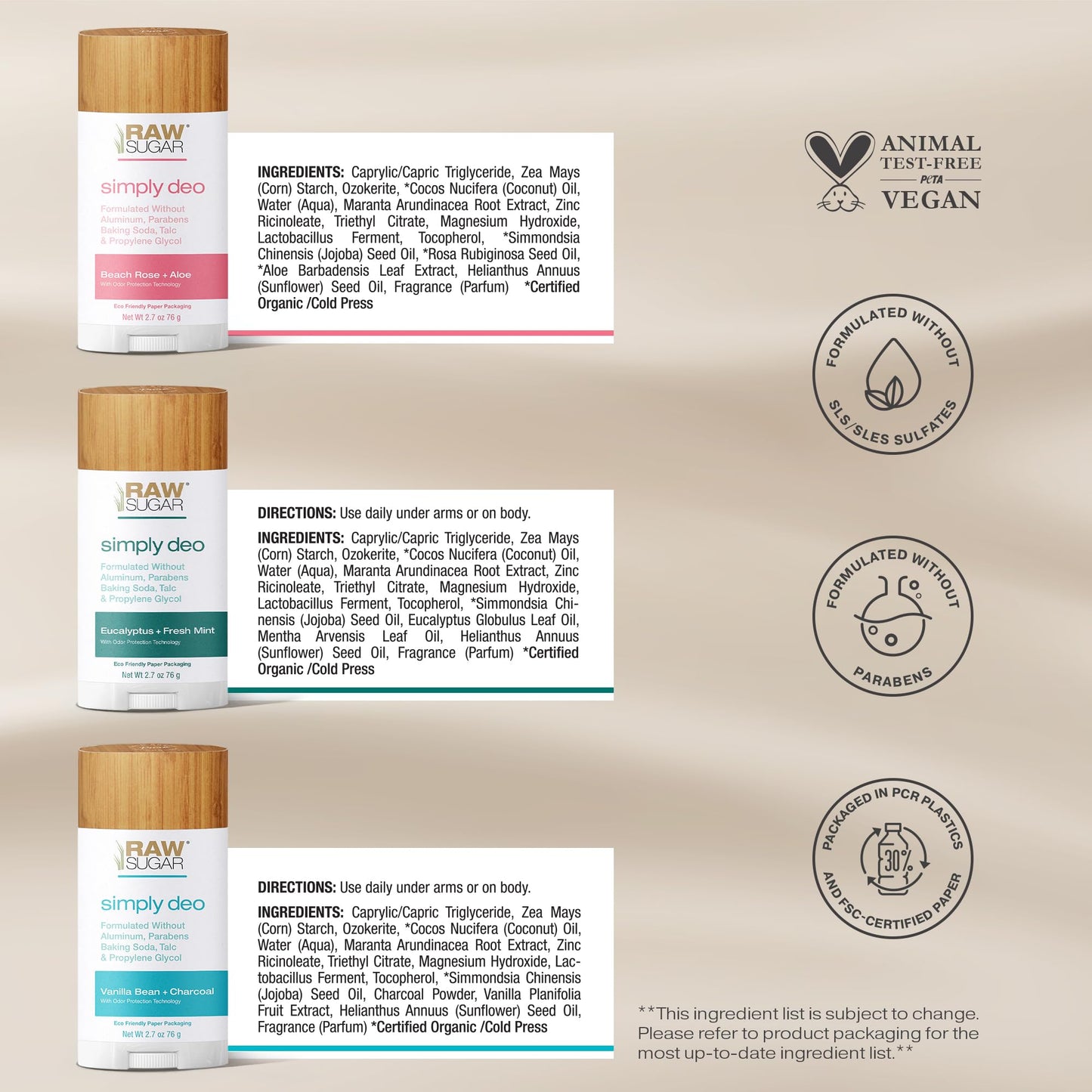 RAW SUGAR Deodorant Stick, Simply Deo Variety Bundle (Pack of 3) Whole Body Deodorant for Women & Men, Clean Formulated without Aluminum, Baking Soda, Talc & Parabens, Variety Pack