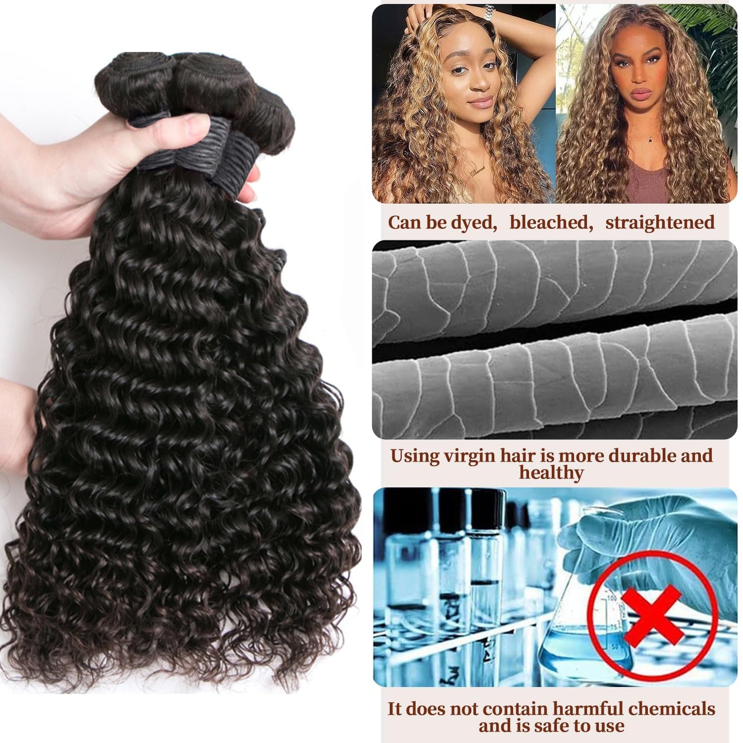 Deep Wave Bundles - Brazilian Virgin Human Hair Extensions | 12A Grade, Natural Black, 100g, 18 Inches