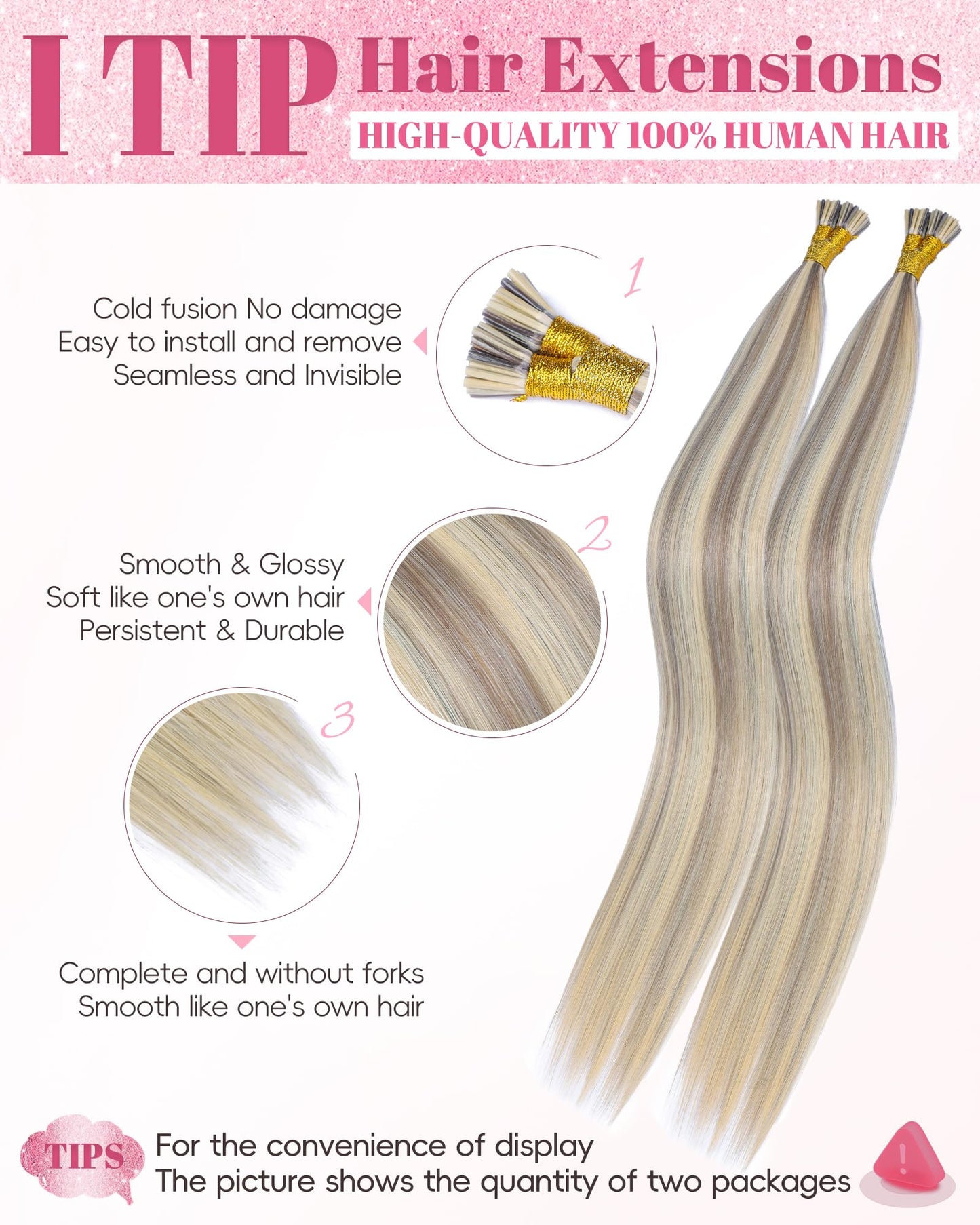 KiiKiiGirl Virgin I Tip Hair Extensions Human Hair 14 Inch #16/60 Blonde Highlight Golden Mixed Grayish Brown Itip Human Hair Extensions Invisible Silky Straight 30g/43s