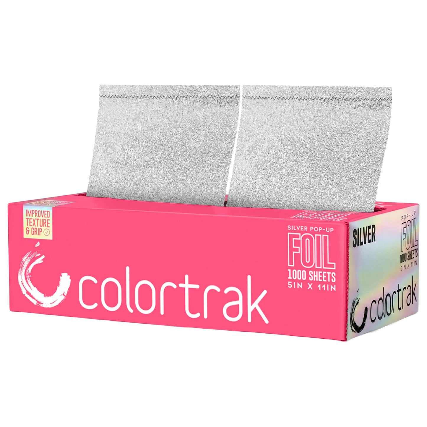 Colortrak Embossed Sheets Silver Aluminum Foil Pop-up Dispenser, 1000 Pre-cut Sheets Non-slip Textured for Hair Foil Coloring and Highlighting Applications, Silver, 5 x 11