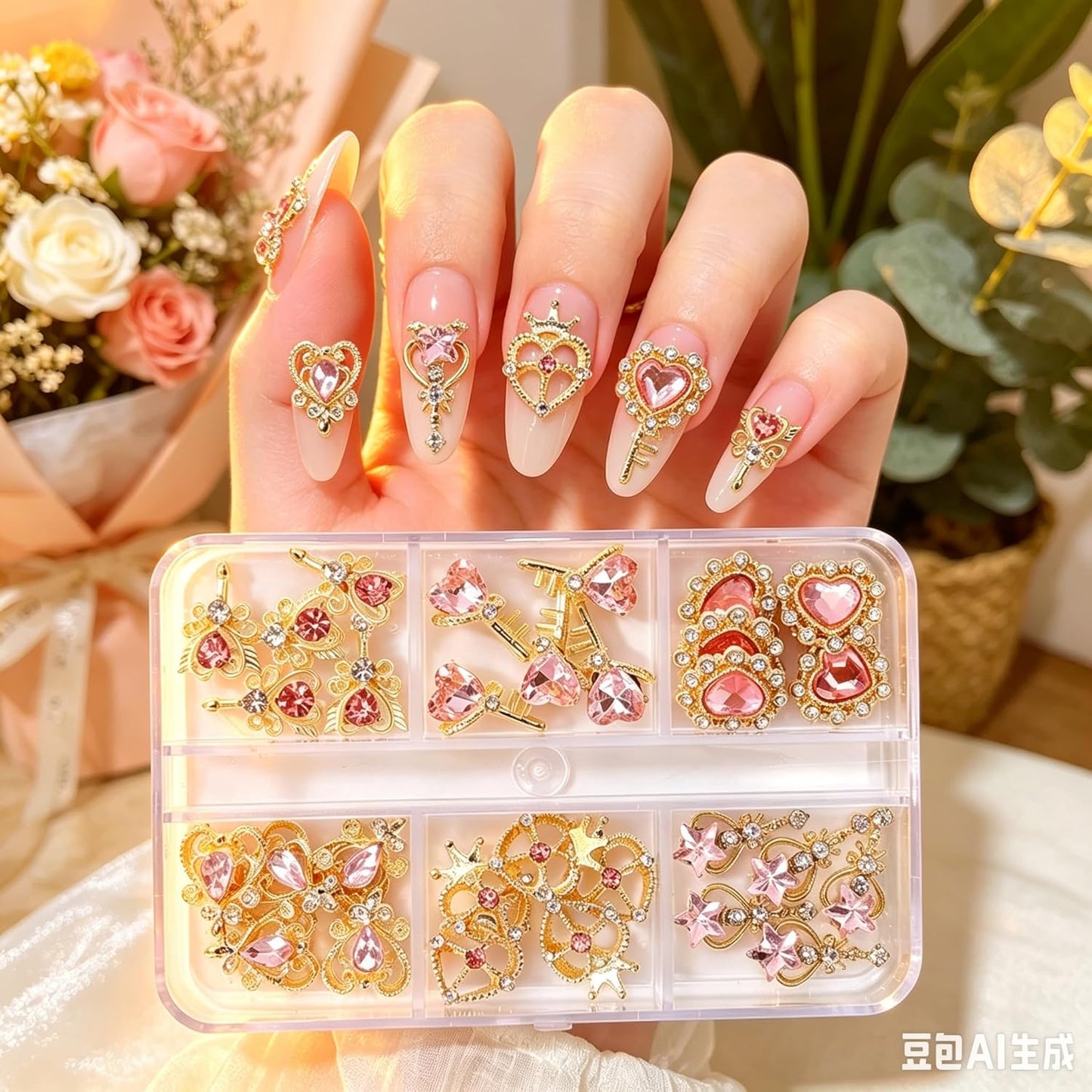 Pink Heart Nail Charms - 30pcs Luxury Alloy Rhinestones & Gems for Stunning Nail Art