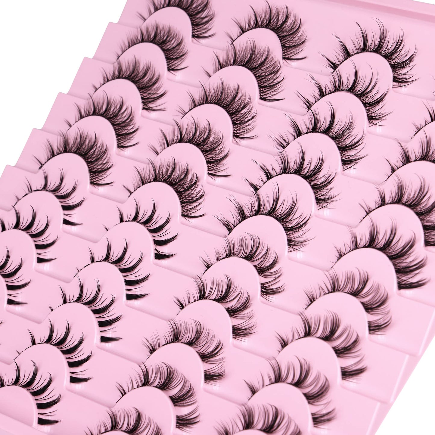 Manga Lashes Natural Look Anime False Eyelashes 20 Pairs Clear Band Individual Wispy Fake Eyelashes Strip Spiky DIY Cluster Lashes Extension C-curly Cat Eye Lashes Pack