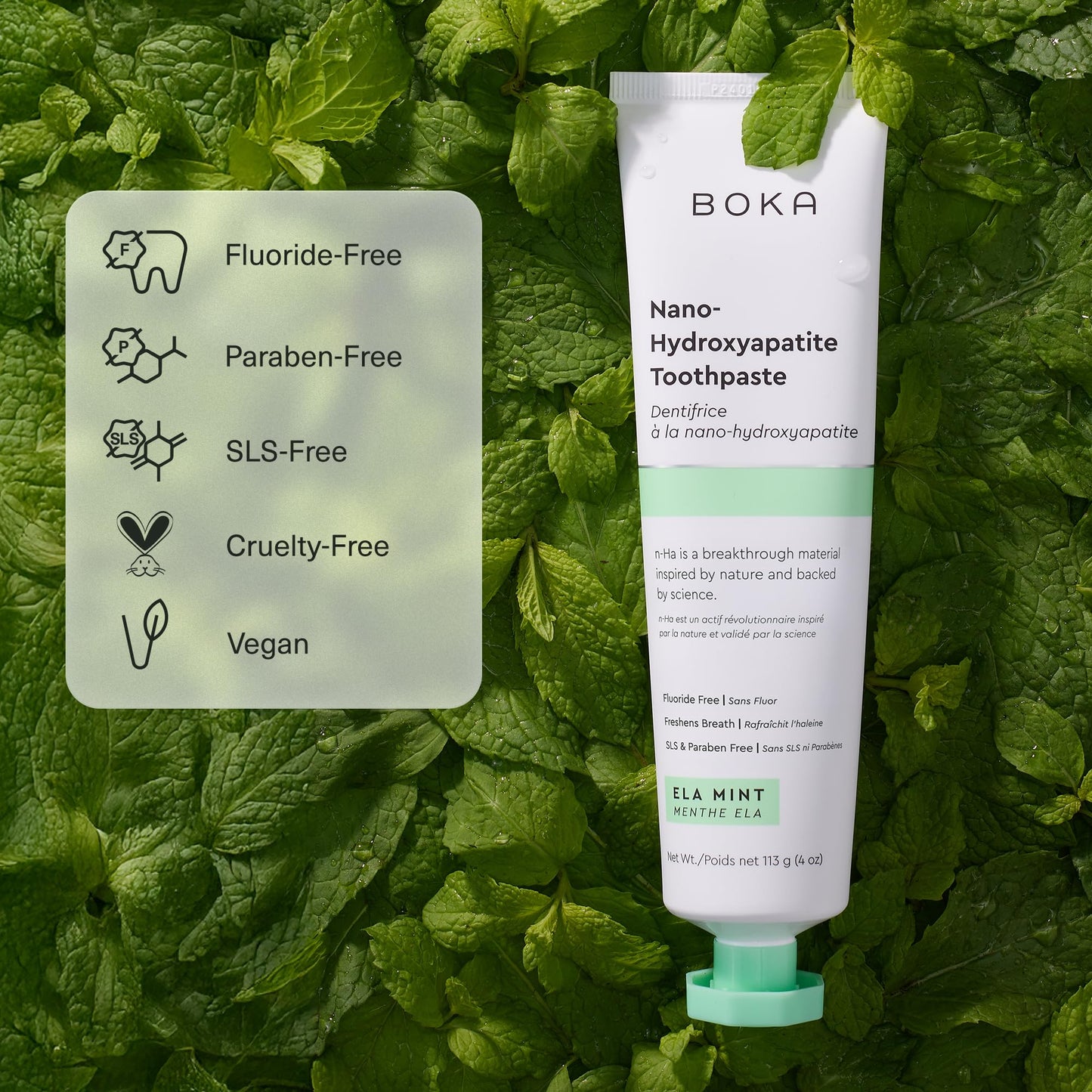 Boka Fluoride Free Toothpaste - Nano Hydroxyapatite - Ela Mint 4oz and Travel Size Mouthwash Tablets - Hydroxyapatite, Fluoride/Alcohol Free & Eco-Friendly