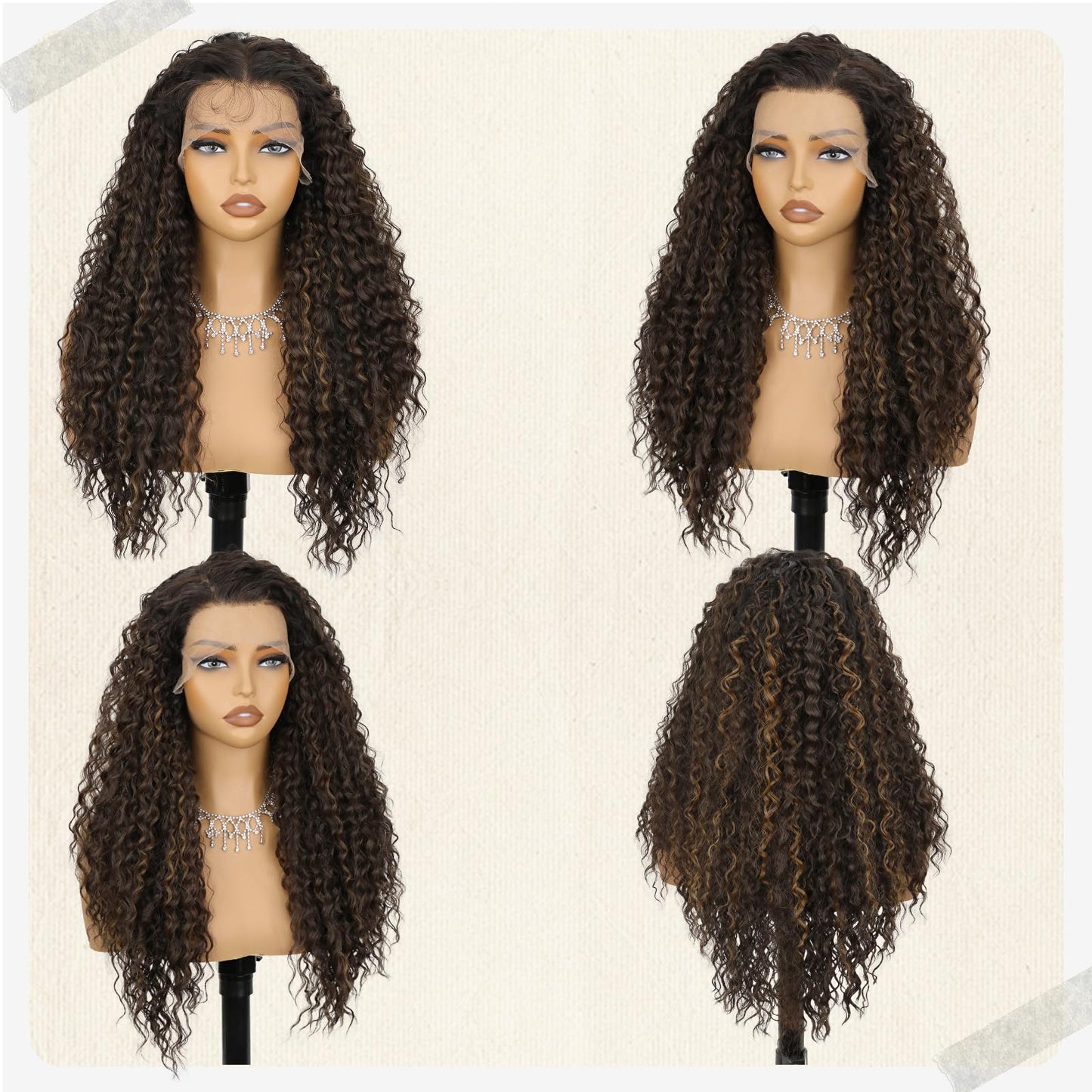 Kurope Brown with Highlight Synthetic Lace Front Wig 13x4 Long Curly Wig with Baby Hair Natural Preplucked Hairline 24 Inch Wavy Wig for Black Women Daily Party Use