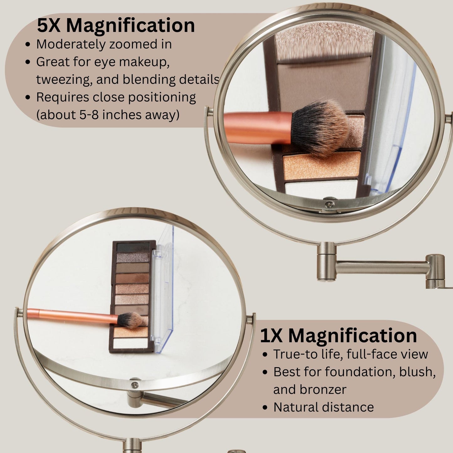 JERDON Wall-Mounted Magnifying Mirror - Bathroom Makeup Mirror with 5X Magnification - 8-Inch Diameter - Nickel Finish - Model JP7506N