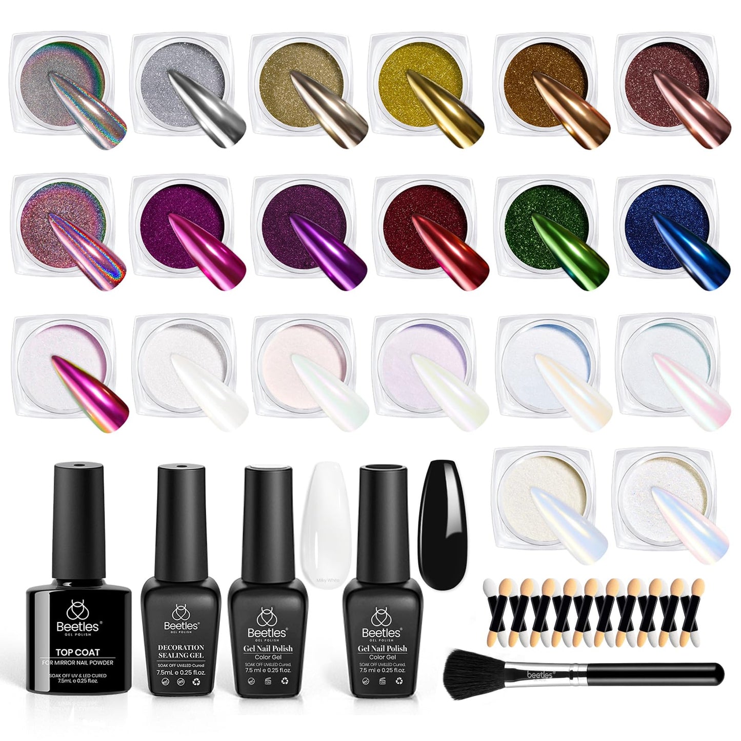 Beetles 24Pcs Chrome Nail Powder Kit Metallic Pearl Gold Silver White