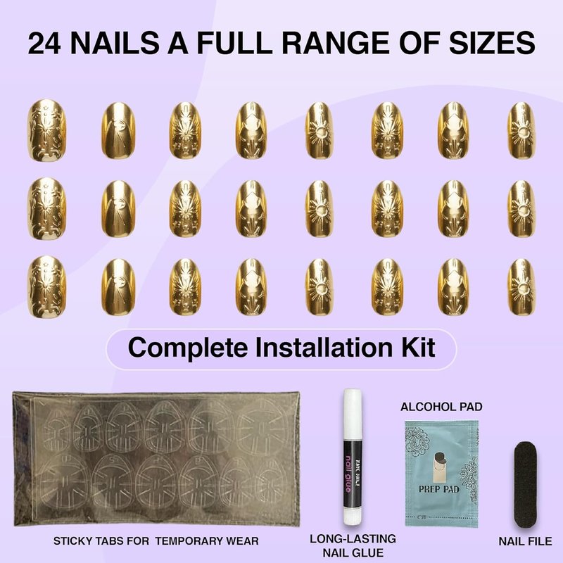 Gilded Relic Press-On Nails - Egyptian-Inspired Gold Foil | 24 Count Short Metallic, Chip-Resistant Design